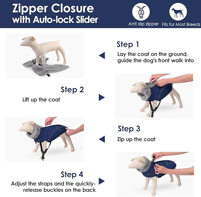 AOFITEE Dog Coat for Large Dogs, Waterproof Dog Jacket with Harness Built in, Warm Fleece Pet Puffer Jacket with Zipper, Cold Weather Coats for Dogs Outdoor, Reflective Pet Snowsuit, Blue XL