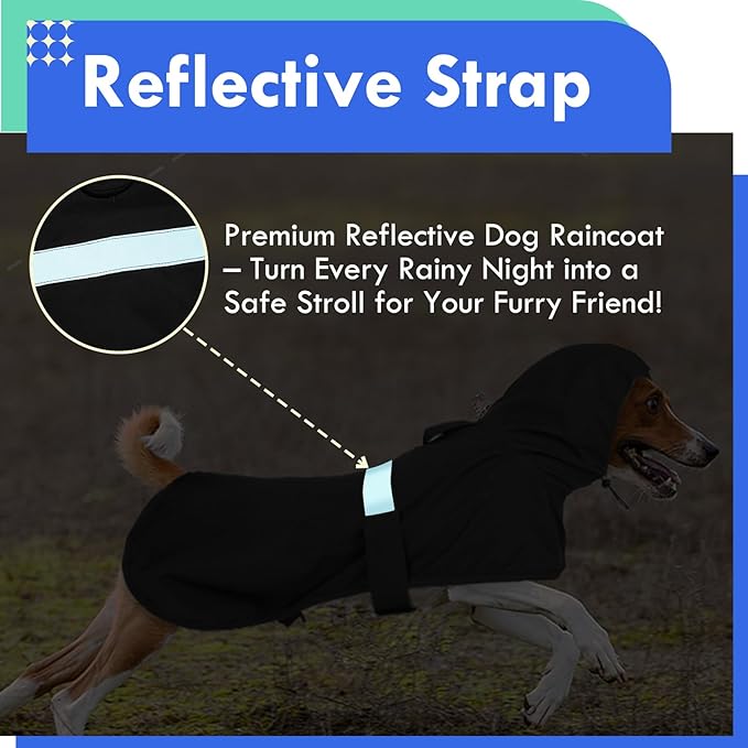 MIGOHI Dog Rain Jacket, Reflective Rain Coat for Medium Dogs | Adjustable Hind Leg Straps Rainproof, Waterproof & Windproof Coat for Rainy Days, Dog Poncho with Back Leash Hole, Black, 2XL