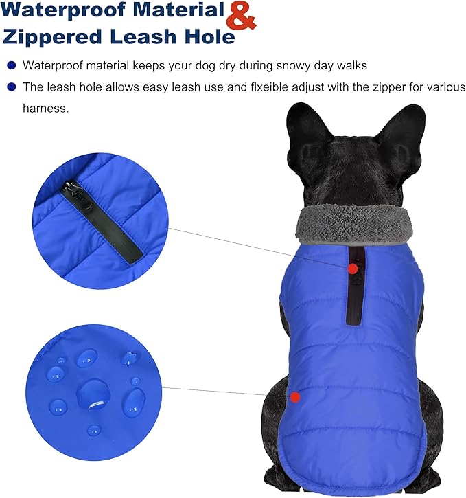 Dog Winter Coat, Waterproof Dog Jacket with Leash Hole, Reflective Adjustable Pet Snow Vest, Warm Fleece Sweater for Small Medium Large Dogs - Blue, S