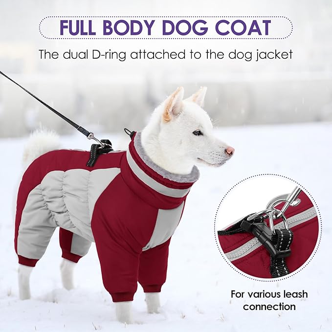 SUNFURA Full Body Dog Coat - Warm Fleece Jacket for Extra Large Dogs, Turtleneck Winter Coats with Harness, Reflective Dog Snowsuit Windproof Puffer Jackets with Legs for Great Dane, Burgundy 3XL