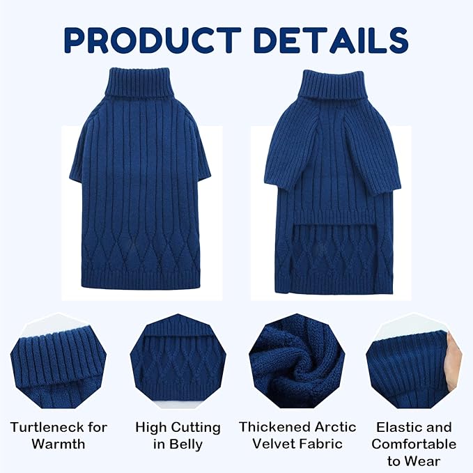 Dog Sweater for Medium Dogs, Warm Winter Fall Dog Sweaters for Dog Girls Boys, Turtleneck Dog Knitwear, Doggie Christmas Sweater, Pet Sweatshirt Clothes Knit French Bulldog, Beagle (Blue M)