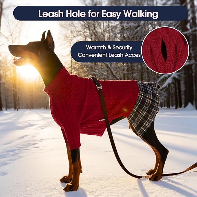 IECOii XL Dog Sweater Dress for Large Dogs Girl, Cable Knit Winter Dress for Female Dogs, Red,XLarge, Soft Girl Dog Sweater with Tartan Plaid Skirt Cute Turtleneck Knitwear for Cold Weather