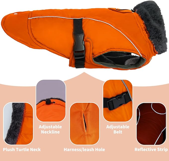 DENTRUN Small Dog Winter Warm Coat - Windproof Cozy Jacket, Thick Fleece Vest with Adjustable Belt, Water Repellent, Reflective Dog Sweater for Yorkie Dachshund Wear, Orange, S