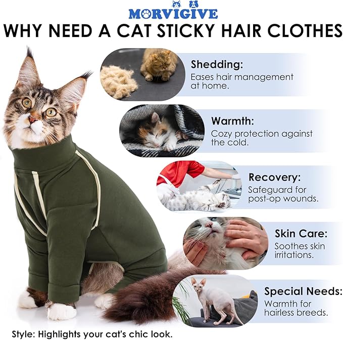 Cat Hair Sticky Onesie - Army Green, XL - Cat Clothes: Male Pajamas, Anti-Licking Suit