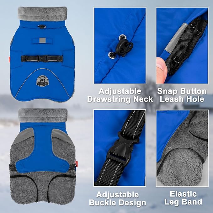 KYEESE Waterproof Dog Coat, Windproof Pet Jacket with Thick Fleece Lining, Extra Warm High Collar Dog Coats for Medium to Large Dogs with Leash Hole and Reflective Strips, Blue, XX-Large