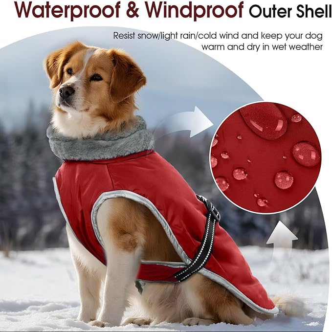 Warm Waterproof Dog Coat,Size M Dogs Jacket Pet Winter Coat for Cold Weather with Thicken Furry Collar,Reflective Puppy Winter Jacket Warm Fleece Lining for Medium Dogs,Red,M