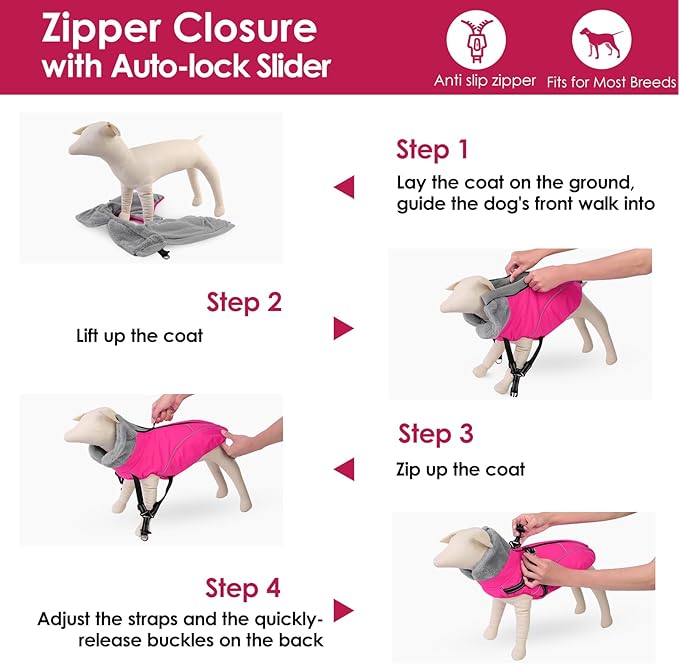 AOFITEE Large Dog Coat, Waterproof Dog Jacket Winter with Harness Built in, Warm Fleece Pet Puffer Jacket with Zipper, Cold Weather Coats for Dogs, Reflective Pet Snowsuit, Great Dane, Pink XXXL