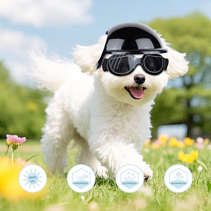 Dog Helmet and Goggles Small Breed, UV Protection Dog Goggles and Motorcycle Helmet with Ear Holes Adjustable Straps for Outdoor Biking, Driving, Black