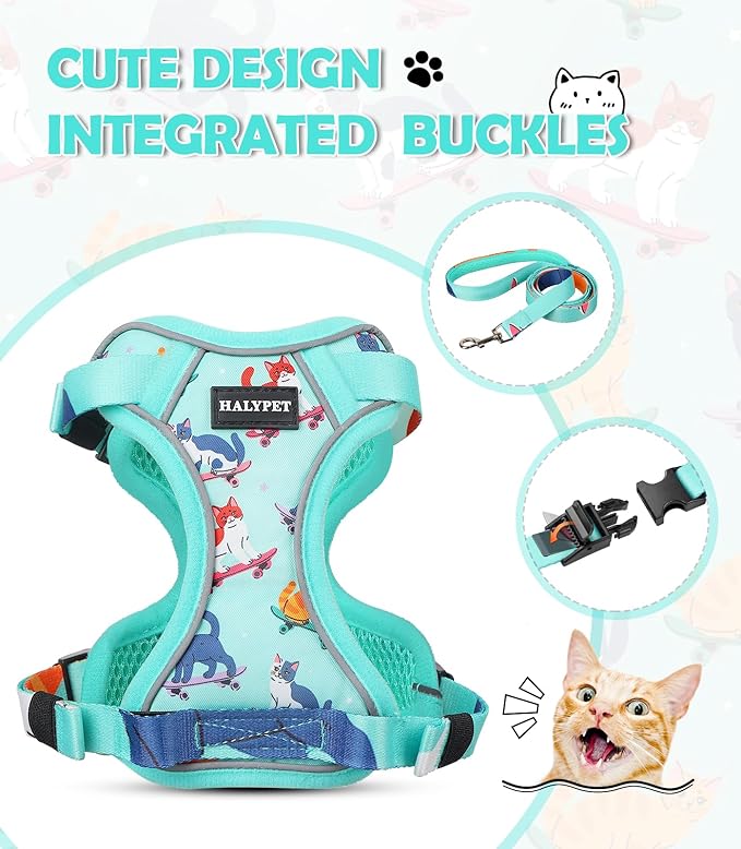 Halypet Cat Harness and Leash Set[MAX Safety 4th-Gen] Cute Escape Proof Vest Harness for Girl&Boy Cat Walking, Comfortable Adjustable Leash and Reflective Strips for Outdoor Kitten, XS Purrfect Green