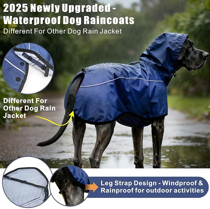 Mosucoirl Dog Raincoat Jacket Reflective Adjustable Hooded Pet Poncho Rain Coats with Leash Hole Waterproof Clothes for Small Medium Large Dogs (NavyBlue, S)