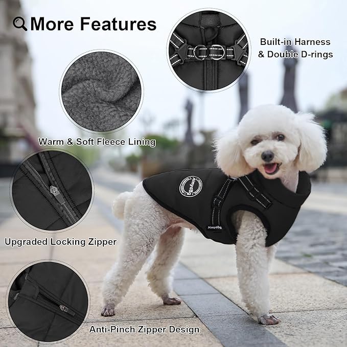 Warm Dog Winter Coat, Windproof Cold Weather Jacket, Reflective & Adjustable Black Pet Vest with Harness, Thick Polar Fleece Lining Cozy Apparel for Small Medium Dogs & Cats