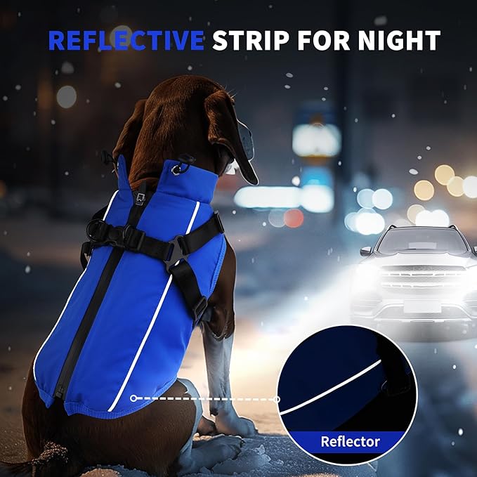 Dog Winter Coat Reflective Water-Resistant Jacket, Fleece Lined Windproof Puppy Coat with Back Zipper & D-Ring, Cold Weather Dog Coats for Small Medium Large Dogs (XL, Blue)