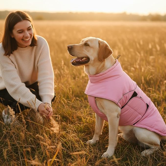 ASENKU Extra Warm Dog Coat - Winter Fleece Jacket with Reflective Adjustable Zippered Leash Hole for Medium Dogs (Pink, L)