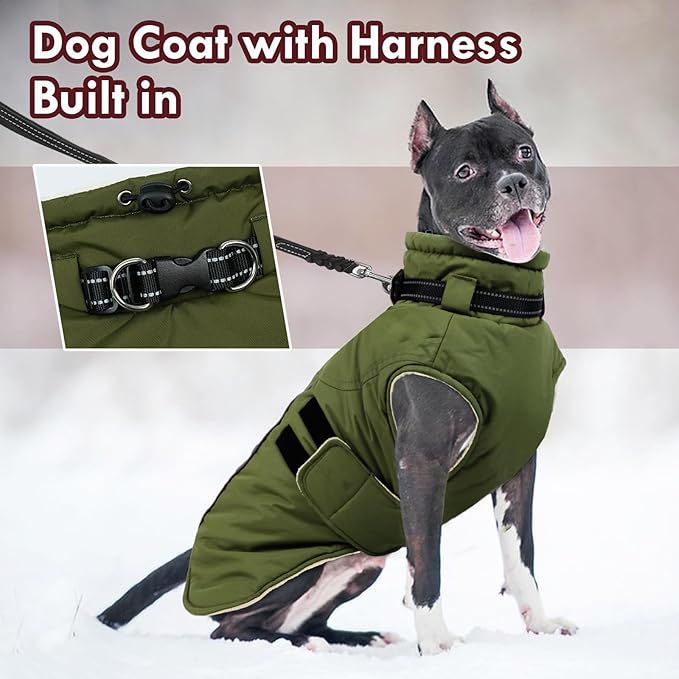 Dog Jackets for Large Dogs, Waterproof Winter Coat with Harness Built-in, Reflective Adjustable Hook&Loop Snow Jacket, Warm Fleece Snowsuit for Dogs Pit Bull Weimaraner Boxer, XXL Green