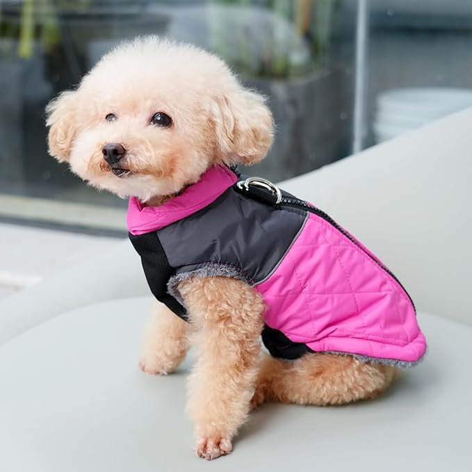 Warm Fleece Dog Coats for Small Dogs,D-Rings Waterproof Puppy Jacket for Cold Winter,Pink M