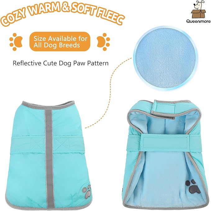 Queenmore Dog Winter Coat, Fleece Puffer Dog Down Vest, Cold Weather Pet Jacket for Dogs, Waterproof Reflective Reversible Dog Sweater Clothes for Small, Medium and Large Dogs (Light Blue, XL)