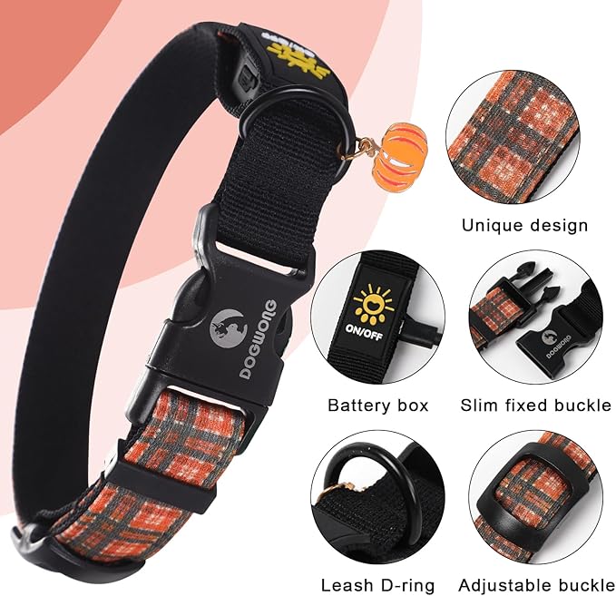 DOGWONG LED Dog Collar - Fall Orange Plaid Heavy Duty Light up Dog Collars - Rechargeable Waterproof - Lighted Dog Collars for Night Walking, Hiking, Camping(Orange Plaid,M)