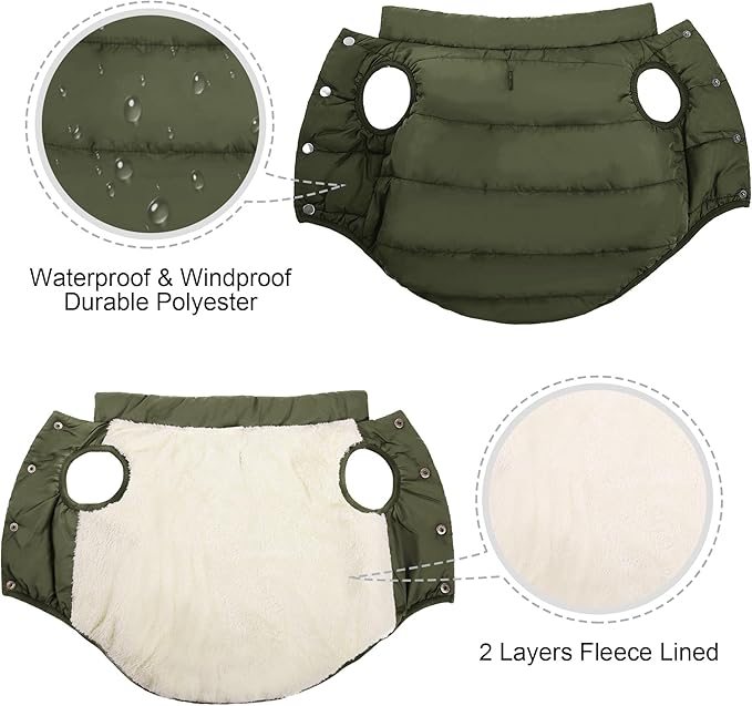 ASENKU Windproof Dog Winter Coat Waterproof Fleece Jacket Cold Weather Pet Apparel for Small Medium Large Dogs (ArmyGreen, 2XL)