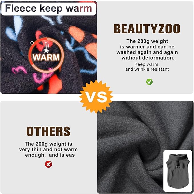 BEAUTYZOO Small Dog Sweater Fleece Vest Winter Jacket, D-Ring Leash Attachment for XS S Puppy Medium Sized Breeds Dogs, Cold Weather Dog Clothes Windproof Keep Warm, Black Bones Paw L