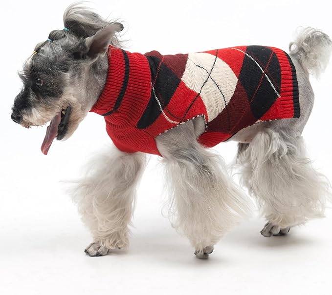 KOOLTAIL Dog Sweater for Small Dogs, Puppy Knitted Clothes - Classic Plaid Pullover Turtleneck Thick Warm Fall Cat Sweaters with Leash Hole, Dog Winter Clothes for Chihuahua Dachshund Girls Boys, XS