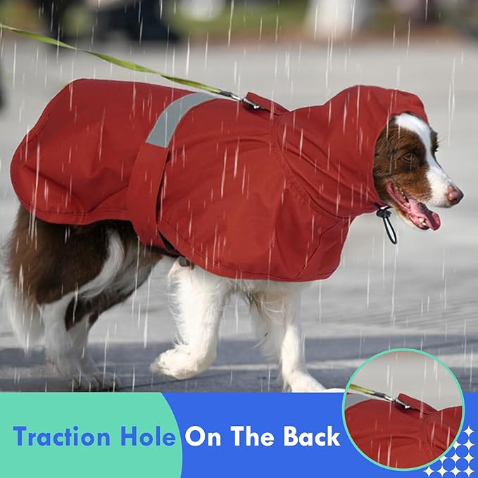 MIGOHI Dog Raincoat, Adjustable Large Dog Raincoat | Easy-On Hook & Loop Belly Straps, Adjustable Hind Leg Straps Dogs Rain Jacket, Machine Washable, Red, L