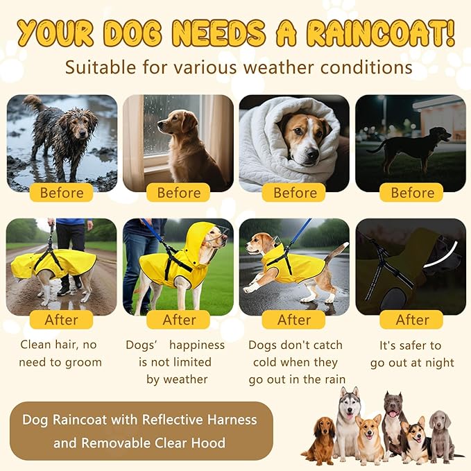 Dog Raincoat: Dog Rain Jacket with Reflective Harness & Removable Hood | Waterproof Dogs Rain Coat Poncho for Large Medium Small Dogs Puppies (Yellow - XL)