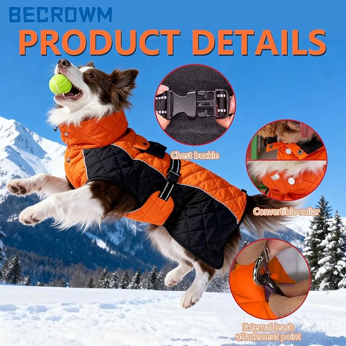 Dog Coat Dogs Winter Coat- Fleece Lined,Water-Resistant,Convertible Collar,Back Reflective Strip&Easy to Wear for Outdoor Walking Dog-Jacket(Orange, Large)