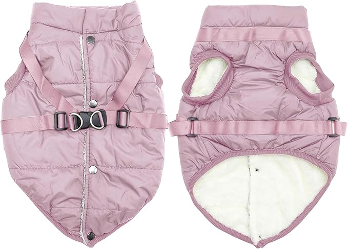 Dog Jacket with Harness,Fleece Lined Warm Puppy Coat for Winter,Soft Windproof Medium Dog Vest,Light Pink XL