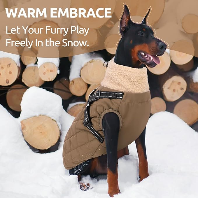 Queenmore Dog Coat, Dog Coats for Small Dogs, Doggy Winter Jacket with Zipper On Back, Waterproof Pet Jacket with Harness Built in, Pet Puffer Coat for Bichon, Schnauzer, Yorkie, Brown S