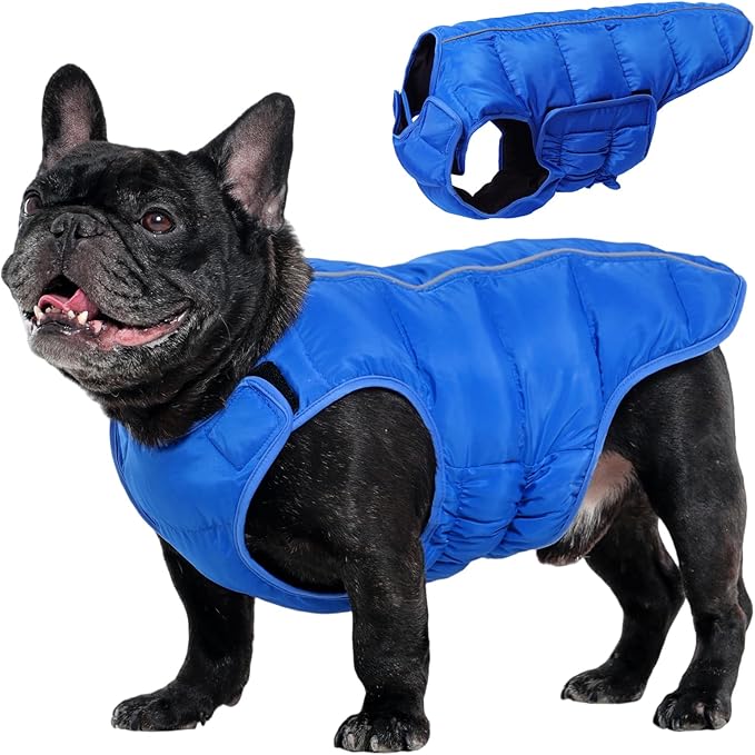 Kuoser Dog Puffer Jacket Warm Dog Coat for Small Dogs, Windproof Reflective Pet Padded Vest Cold Weather Clothes Puppy Snowsuit with Hook & Loop Coats, Easy On/Off, Blue S