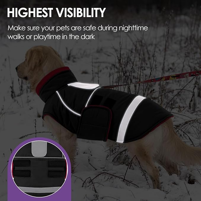 SUNFURA Dog Coat, Large Dog Jacket for Cold Weather, Reflective Winter Coat with Hook & Loop Closure, Easy On Pet Winter Jacket Snowsuit for Large Dogs, Black L