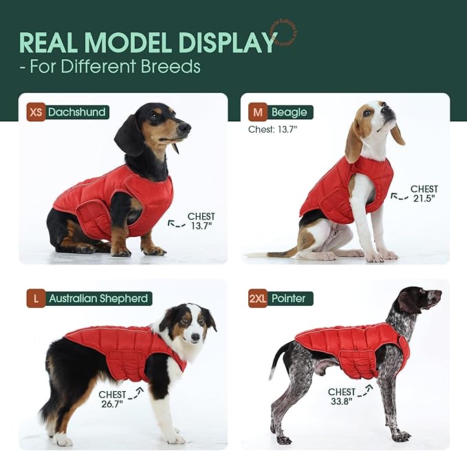 Kuoser Dog Puffer Jacket Warm Dog Coat for Extra Small Dogs, Windproof Reflective Pet Padded Vest Cold Weather Clothes Puppy Snowsuit with Hook & Loop Coats, Easy On/Off, Red XS