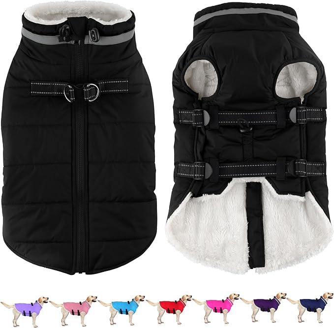 Dogcheer Dog Coat, Waterproof Dog Jacket with Harness, Reflective Adjustable Winter Coat with Zipper, Christmas Pet Snow Jacket Clothes for Small Medium Large Dogs - Black 3XL