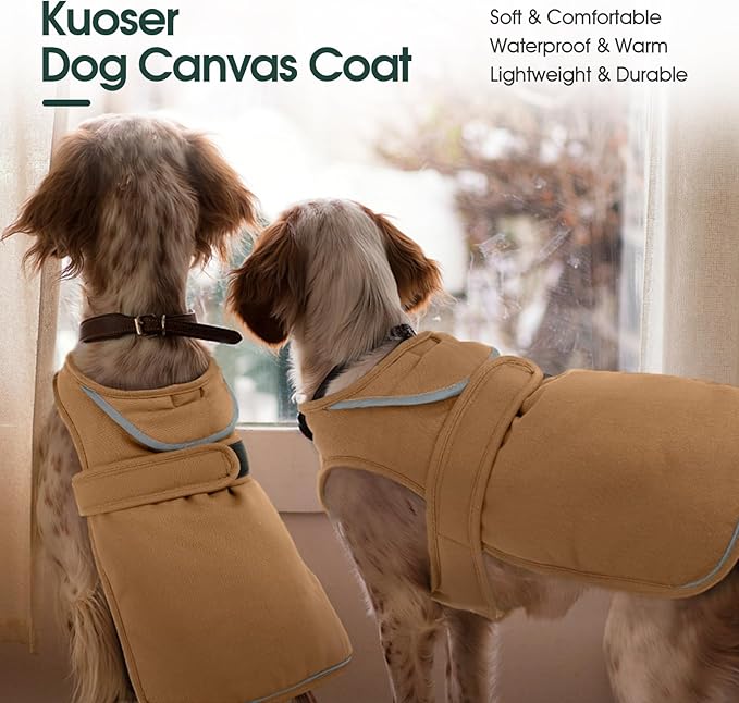 Kuoser Canvas Dog Coat, Warm Dog Jacket Reflective Fleece Pet Cold Weather Coat, Warm Doggie Clothes Waterproof Winter Vest with Zipper Leash Hole for Small Medium Large Dogs, Brown XL