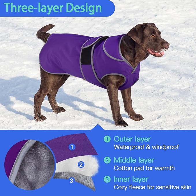 MIGOHI Reflective Dog Coat, Waterproof Winter Jacket, Fleece Lined, Small, Purple