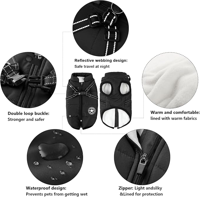 Aiboria Dog Coat for Winter Dogs Jackets Fleece Small Dog Vest Harness Winter Padded Pet Black