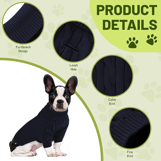 Small Dog Thermal Pullover Sweater, Classic Turtleneck Cable Knitwear Dog Clothes for Cold Weather Warm Pet Clothes for Chihuahua, Bulldog, Dachshund, Pug Navy Small