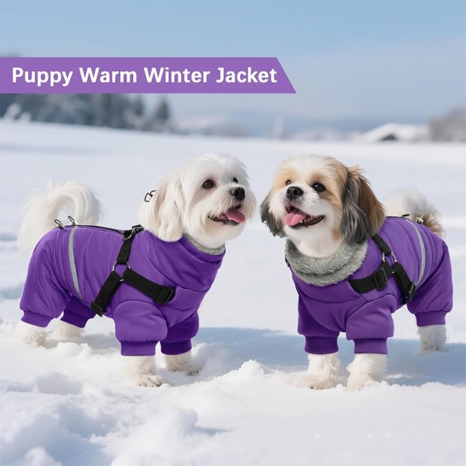 BRKURLEG Purple Dog Coat with Harness, Dog Winter Jacket, Dogs Onesie Body Warm Jackets, Small Dogs Winter Coats Reflective Windproof Warm Cold Weather Coats, Pet Waterproof Jackets, L