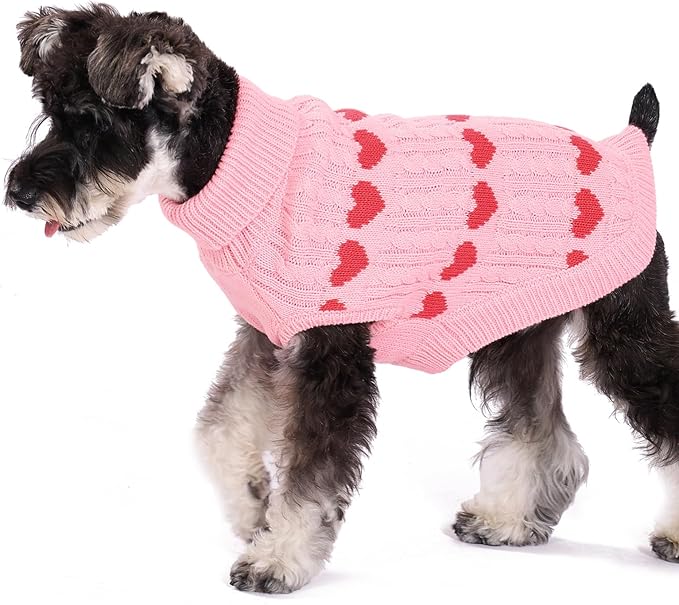 KOOLTAIL Cable Knit Dog Sweater Turtleneck, Cold Weather Pullover Classic Knitwear, Snowflake Pattern Thick Warm Winter Pet Clothes,Dog Christmas Sweater for Small Medium Large Dogs,Pink Heart ML