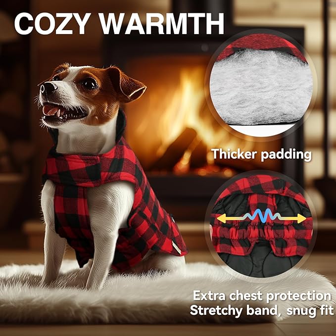 VIVAGLORY Softjoy Dog Coat, Dog Jacket for Winter & Christmas, Coat with Harness Hole & Velcro Closure, Reversible Plaid Checkered Warm Fluffy Heavy Duty for Puppy, XS, Red Black