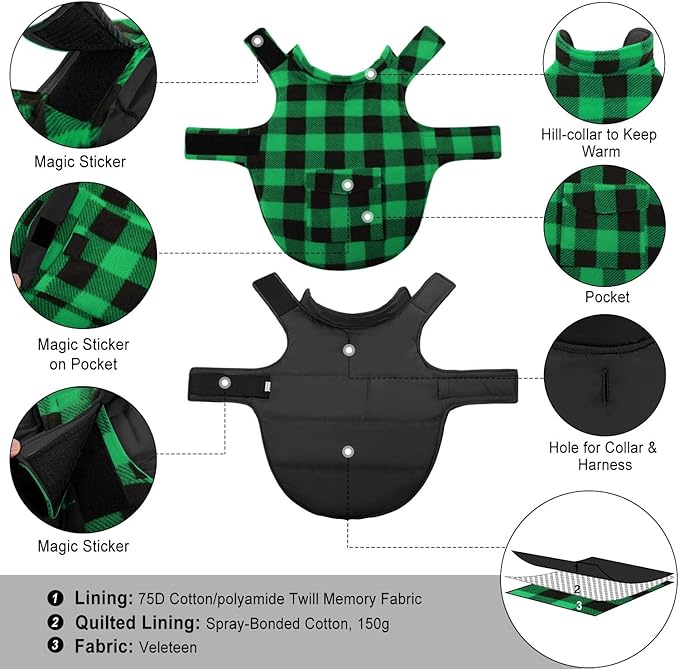 ASENKU Dog Winter Coat, Fleece Doggie Jacket Plaid Reversible Vest Waterproof Windproof Cold Weather Clothes for Small Medium Large Dogs (L, Green)