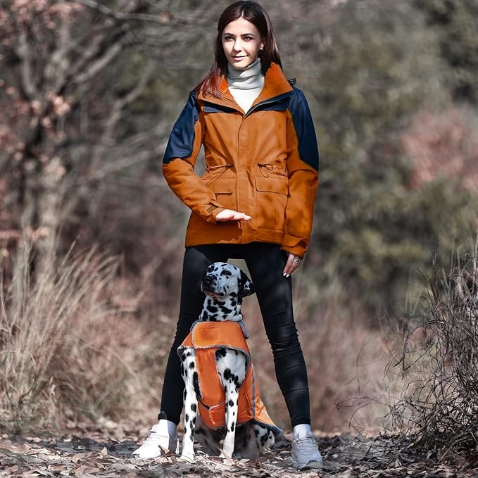 VIVAGLORY Frostfit Dog Coat, Dog Jacket for Winter & Cold Weather, Warm Fluffy Fleece Lined Water Resistant Reflective for Puppy, Coat with Velcro Fastening & Leash Hole, L, Orange