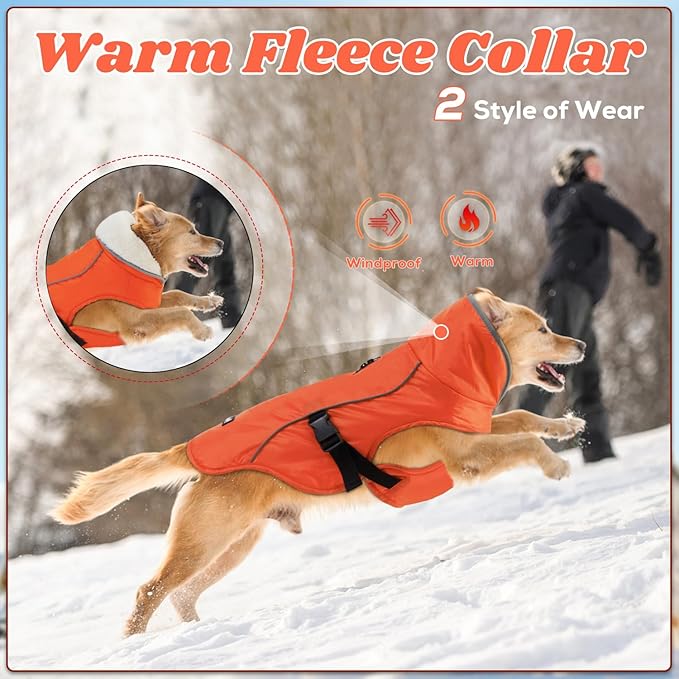 EMUST Dog Coat Winter, Waterproof Pet Snow Jacket for Winter, Adjustable Small/Medium/Large Dog Coat, Orange, L