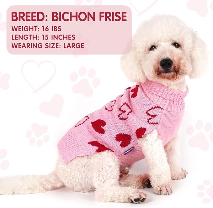 cyeollo Dog Sweaters for Small Dogs Valentines Day Dog Clothes Heart Pattern Turtleneck with Leash Hole Holiday Outfit Pet Apparel Pullover Sweaters for Dogs Pink