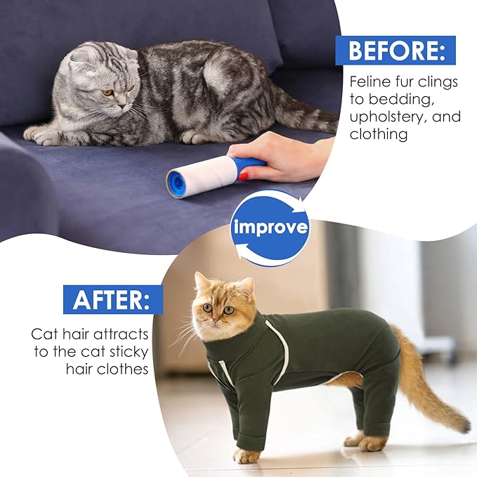 Cat Hair Sticky Onesie - Army Green, XL - Cat Clothes: Male Pajamas, Anti-Licking Suit