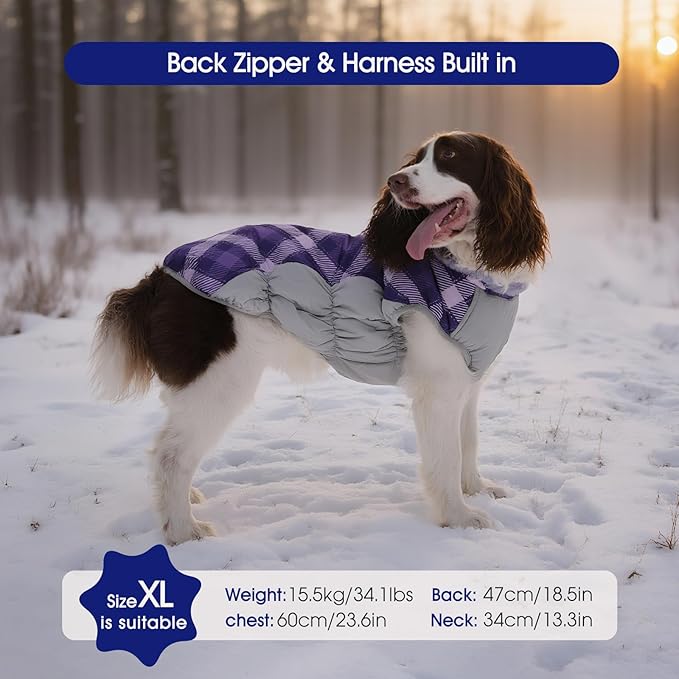 FUAMEY Dog Coat for Medium Dogs,Waterproof Dog Winter Jacket with Harness Built in Puppy Cold Weather Coats Reflective Pet Vest with Zipper Warm Fleece Dogs Snowsuit Windproof Purple Plaid M