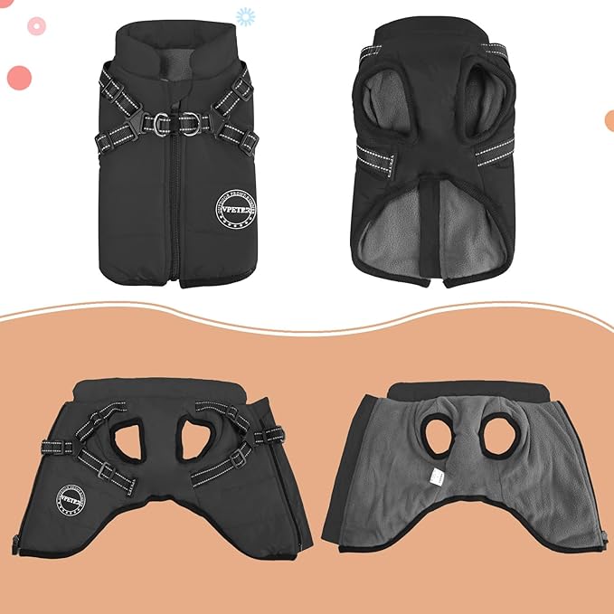 Dog Winter Coat,Warm Jacket Paded Fleece Pet Vest with Built in Harness, Windproof Reflective Cozy Adjustable Snow Pet Coat Clothes with Zipper for Small Medium Large Dogs