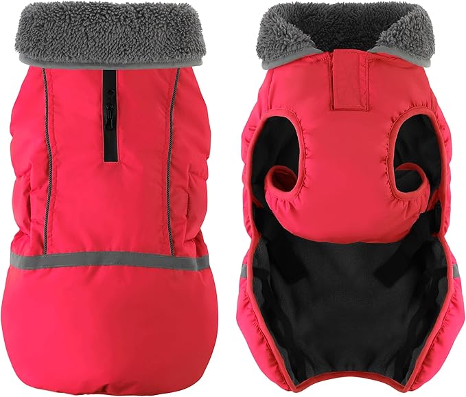 Dogcheer Warm Dog Coat, Christmas Dog Jacket Waterproof Puppy Winter Coat with Buckles, Reflective Adjustable Pet Snow Jacket Turtleneck Fleece Sweater for Small Medium Large Dogs - Red, L