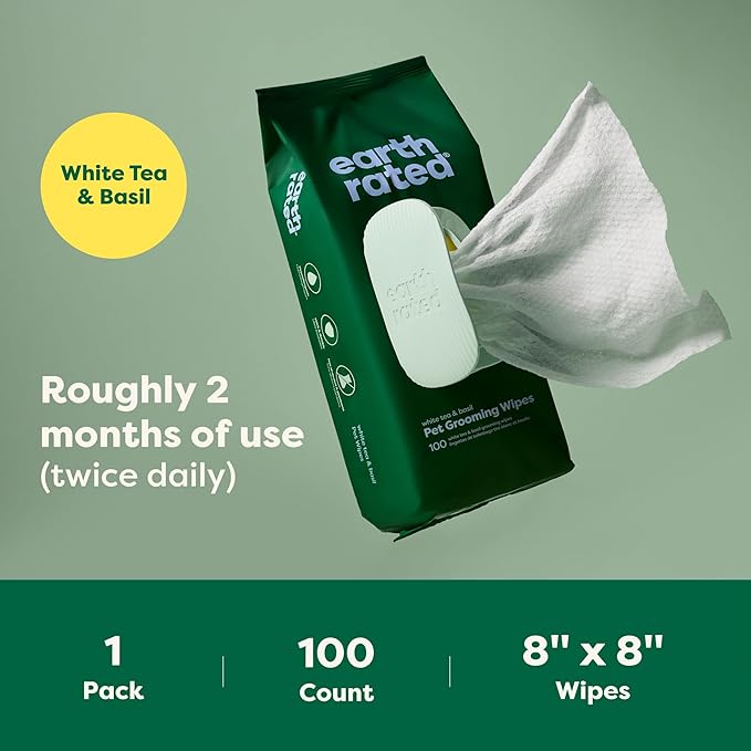 Earth Rated Pet Wipes for Dogs and Cats, Hypoallergenic, 3-in-1 Cleaning, Deodorizing and Hydrating, for Grooming Paws, Body and Butt, New White Tea and Basil Scent, 100 Count