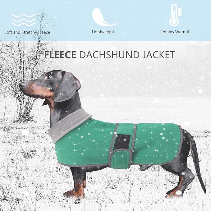 Geyecete Dachshund Sweaters for Dogs, Dachshund Coat Perfect Winter Coat with Padded Fleece Lining and High Collar, Dog Snowsuit with Adjustable Bands - Green - S
